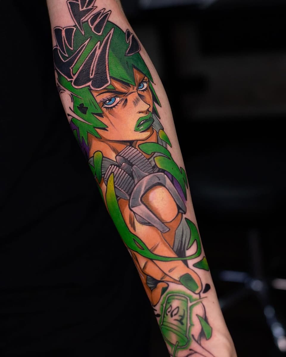 Colorful tattoo on an arm featuring an orange-skinned character with green spiky hair, blue eyes, and purple armor, surrounded by green leaf designs.