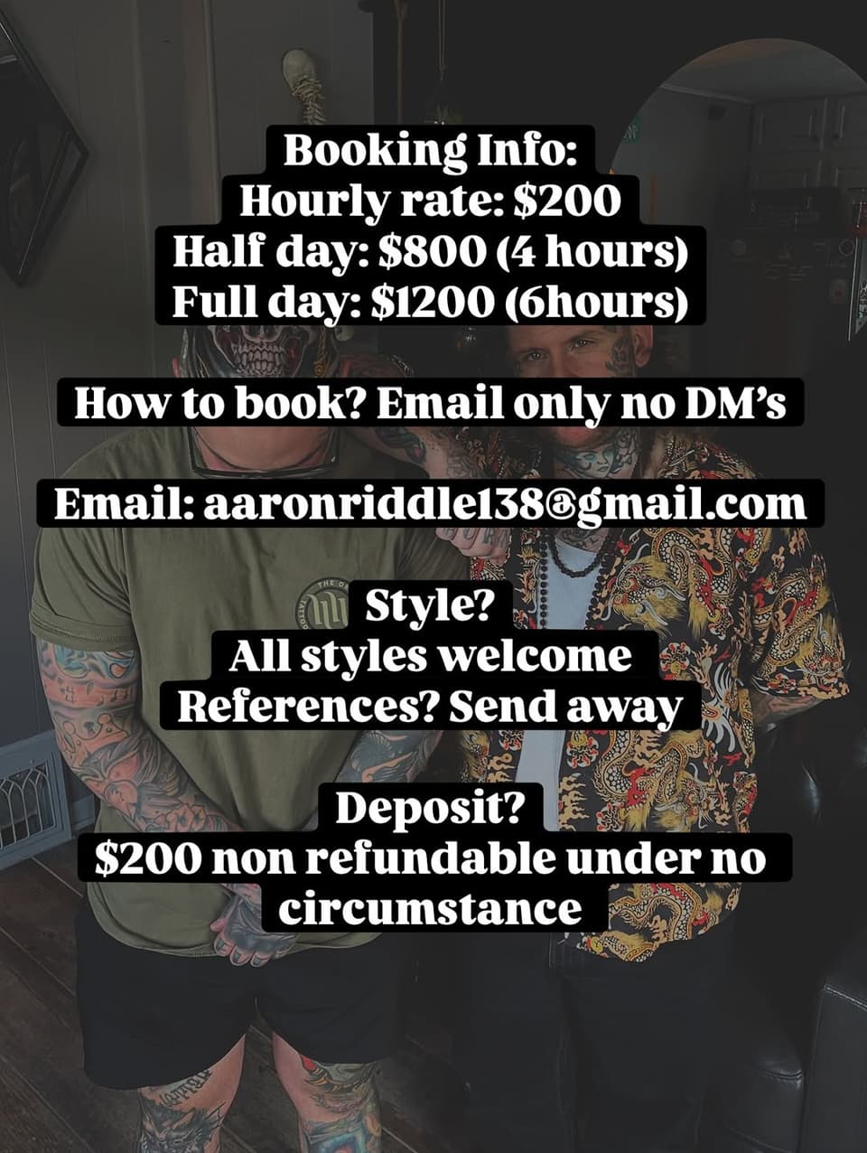 Heavily tattooed man and woman wearing colorful patterned clothing display extensive body art covering arms and legs in vibrant multi-colored ink.