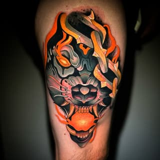 Colorful demon mask tattoo on upper leg featuring black and orange flames, sharp teeth, and a skull motif with red accents.