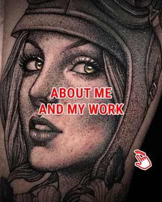 Detailed portrait tattoo of a woman's face with golden eyes, dark lips, and head covering on upper arm, rendered in grayscale and flesh tones.