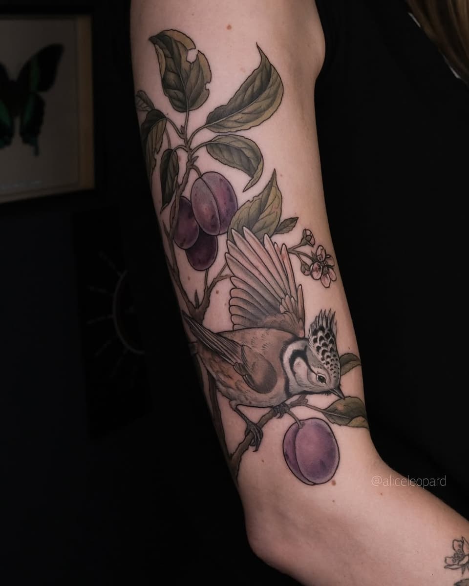 Detailed tattoo on the outer arm featuring a crested bird perched among plum fruits, flowering branches, and green foliage in purple and brown tones.