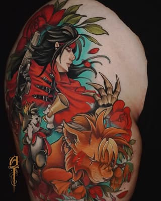 Woman with black hair in red outfit and weapons surrounded by red and orange flowers with green leaves on upper arm tattoo.
