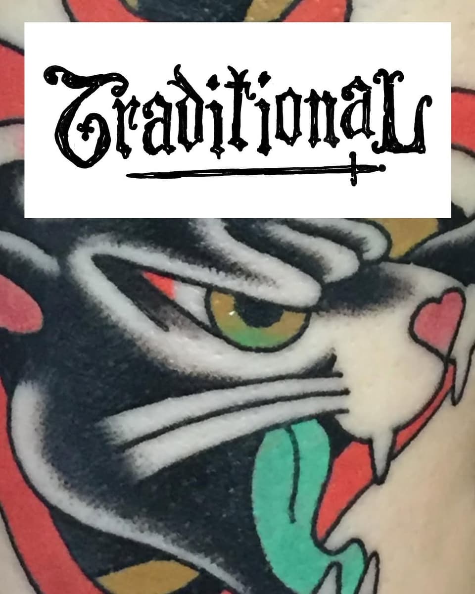 Black cat face with green eyes and white whiskers on colorful patterned background, featuring red, green, and gold sections.