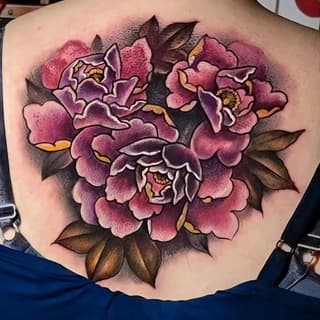 Three pink peonies with yellow stamens and dark brown leaves on upper back, featuring detailed shading and white highlights.