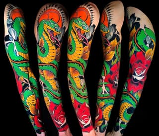 Full-leg sleeve featuring a coiled green snake with yellow scales, red roses, orange butterflies, and a red sun motif, displayed from multiple angles.