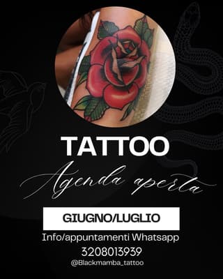 Red rose with green leaves tattooed on upper arm, surrounded by decorative snake line drawings on black background with contact information.