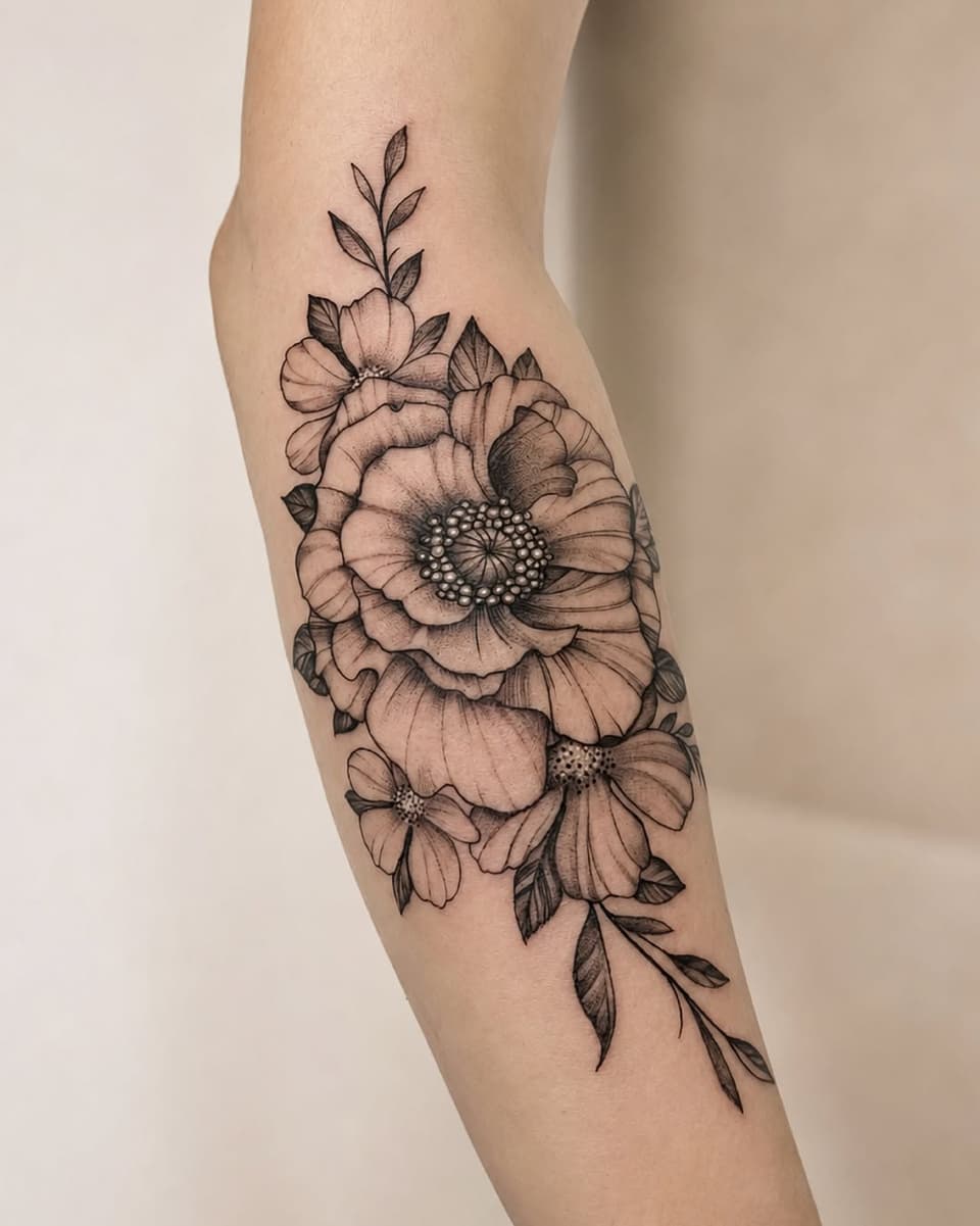 Floral tattoo on forearm featuring layered flowers with detailed centers and leaf stems, rendered in black ink with shading on light skin.