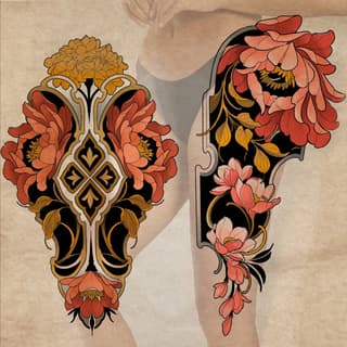 Two ornate floral tattoo designs featuring coral and golden flowers with black scrollwork and white accents, displayed on upper arm and leg placements.