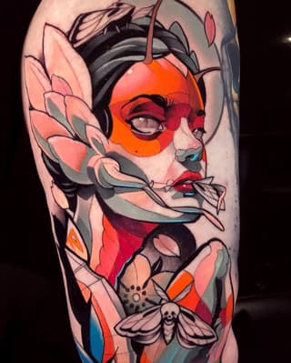 Colorful portrait tattoo on upper arm featuring a face with geometric shapes, insects, and flowers in red, orange, pink, and blue tones.