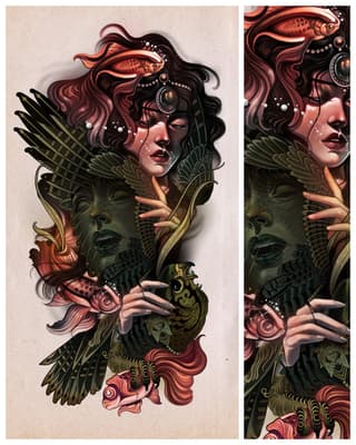 Vertical chest tattoo featuring two overlapping female faces with flowing hair, ornate jewelry, and large feathered wings in coral, green, and black tones.