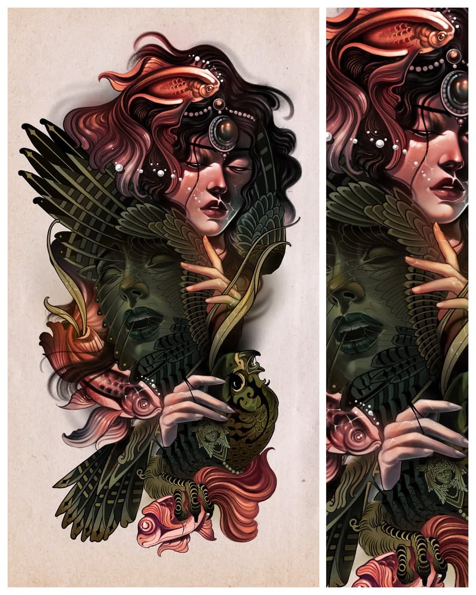 Vertical chest tattoo featuring two overlapping female faces with flowing hair, ornate jewelry, and large feathered wings in coral, green, and black tones.