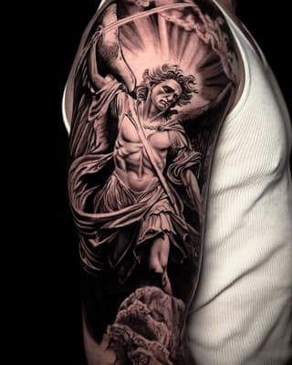 Detailed shoulder tattoo depicting a winged cherub figure with flowing robes and dramatic shading in grayscale tones on pale skin.