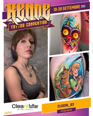 Tattoo artist Clodin_93 displays colorful arm tattoos including a vibrant demon mask and Scooby-Doo characters on a rainbow background.