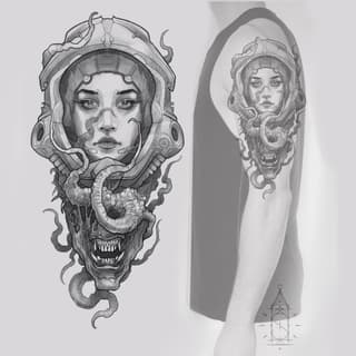 Detailed pencil sketch and arm tattoo design featuring a woman's face with elaborate mechanical helmet and monstrous creature imagery below in grayscale.