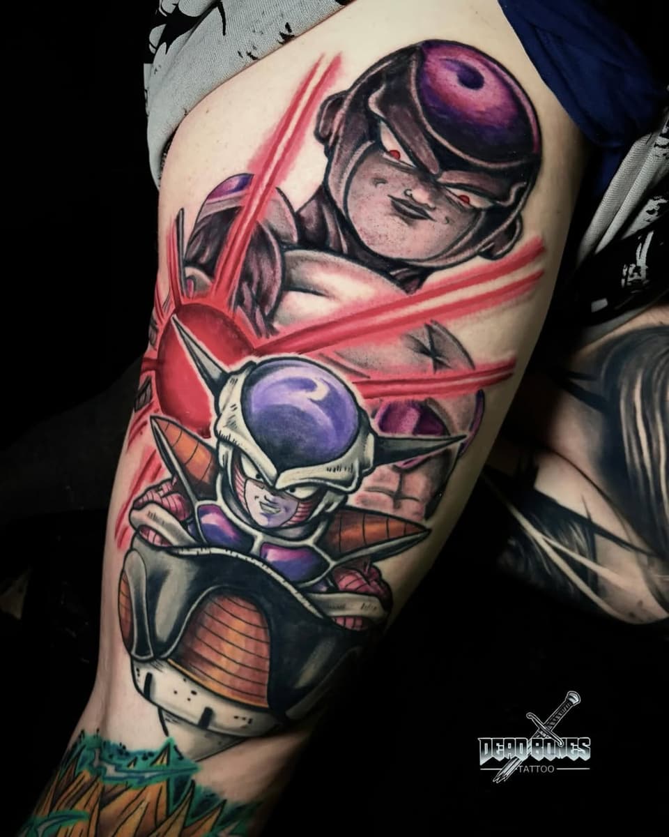 Colorful leg tattoo featuring stacked characters with red energy effects, purple spheres, and orange armor details on the thigh and calf.