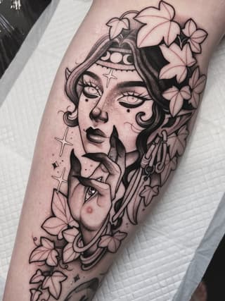 Two overlapping female faces with closed eyes, floral elements, crosses, and decorative details tattooed on a forearm in black ink.