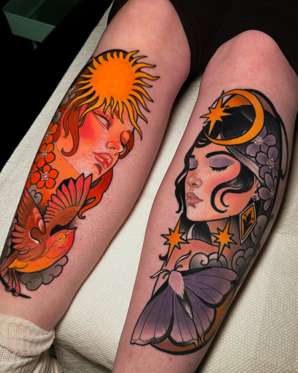 Two colorful leg tattoos featuring a sun-crowned female portrait with floral elements and a crescent-moon-eyed female portrait with butterfly wing details in orange, red, and purple.
