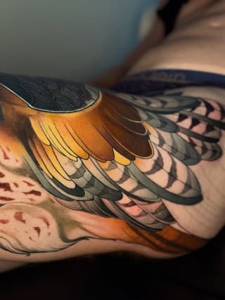 Colorful bird wing tattoo with golden-yellow and black feathers on the upper arm, featuring detailed feather line work and shading.