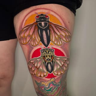 Colorful thigh tattoo featuring two insects with wings, crowns, and circular backgrounds in orange and red, with decorative wavy patterns below.