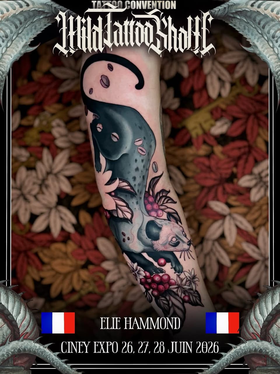 Leg tattoo featuring two mystical creatures with horns and spots among red berries and floral elements in black, grey, and red ink.