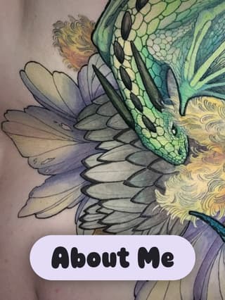 Colorful dragon head tattoo with green scales, gold and purple mane, and detailed wing feathers in yellow, green, and lavender tones.