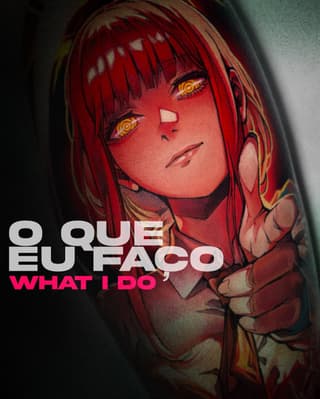 Red-haired anime character with golden eyes and facial markings tattooed on upper arm, featuring red, gold, and skin tones.