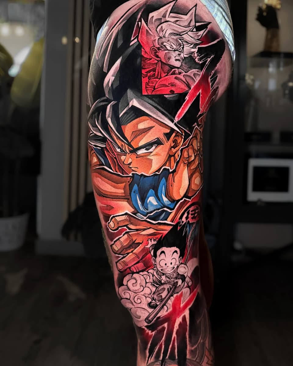 Colorful leg sleeve tattoo featuring multiple anime characters with red, orange, and blue tones, displayed on a thigh and calf.
