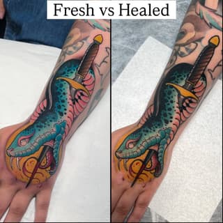 Colorful fish holding a dagger tattoo on forearm shown fresh and healed, displaying vibrant teal, pink, orange, and yellow pigmentation.