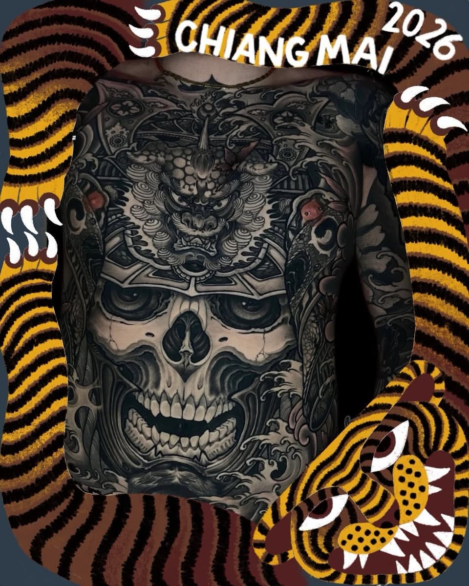 Intricate skull chest piece with ornamental dragon and flourishing details in black ink on pale skin, framed by gold and burgundy striped tiger graphics.