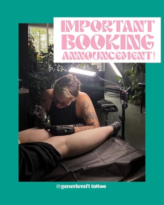 Tattoo artist working on a client's leg in a studio with plants and studio lighting, promoting booking availability.