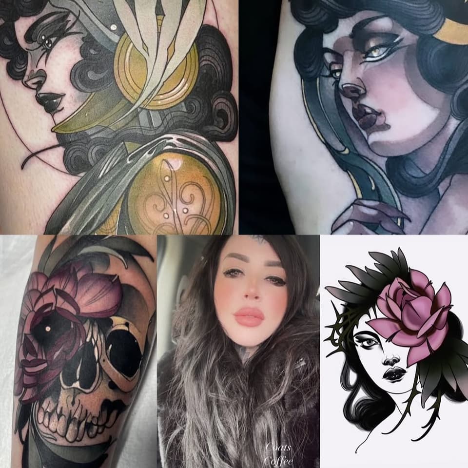 Portfolio featuring five female face tattoos and illustrations with varying color palettes including gold, purple, and pink florals, displayed on skin and as artwork.