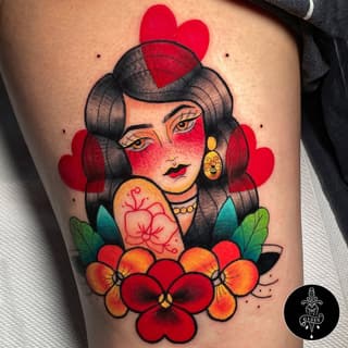 Colorful portrait tattoo of a woman with dark hair, red heart headdress, and gold earrings, surrounded by red and orange flowers with green leaves on the thigh.