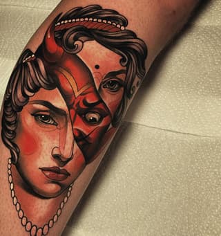 Two female faces with dramatic red and black shading, pearl necklaces, and ornate hair details tattooed on an arm against a light background.