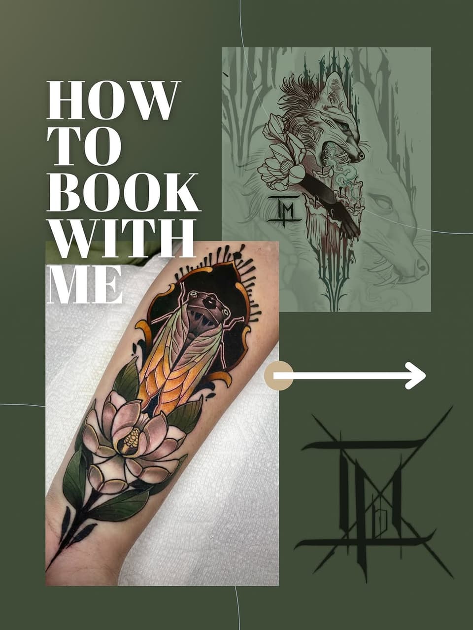 Tattoo artist portfolio showcasing three designs featuring animals with floral elements in colored ink on arm placement and sketch drawings on green background.