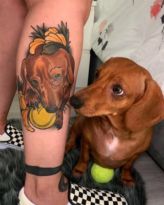Red-brown dog head with orange and yellow flowers and a yellow ball, tattooed on the calf next to a real brown dog holding a tennis ball.