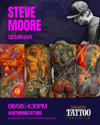Steve Moore seminar promotional poster featuring vibrant full-sleeve tattoos with mythological figures, flames, and ornamental designs in red, gold, and orange tones.