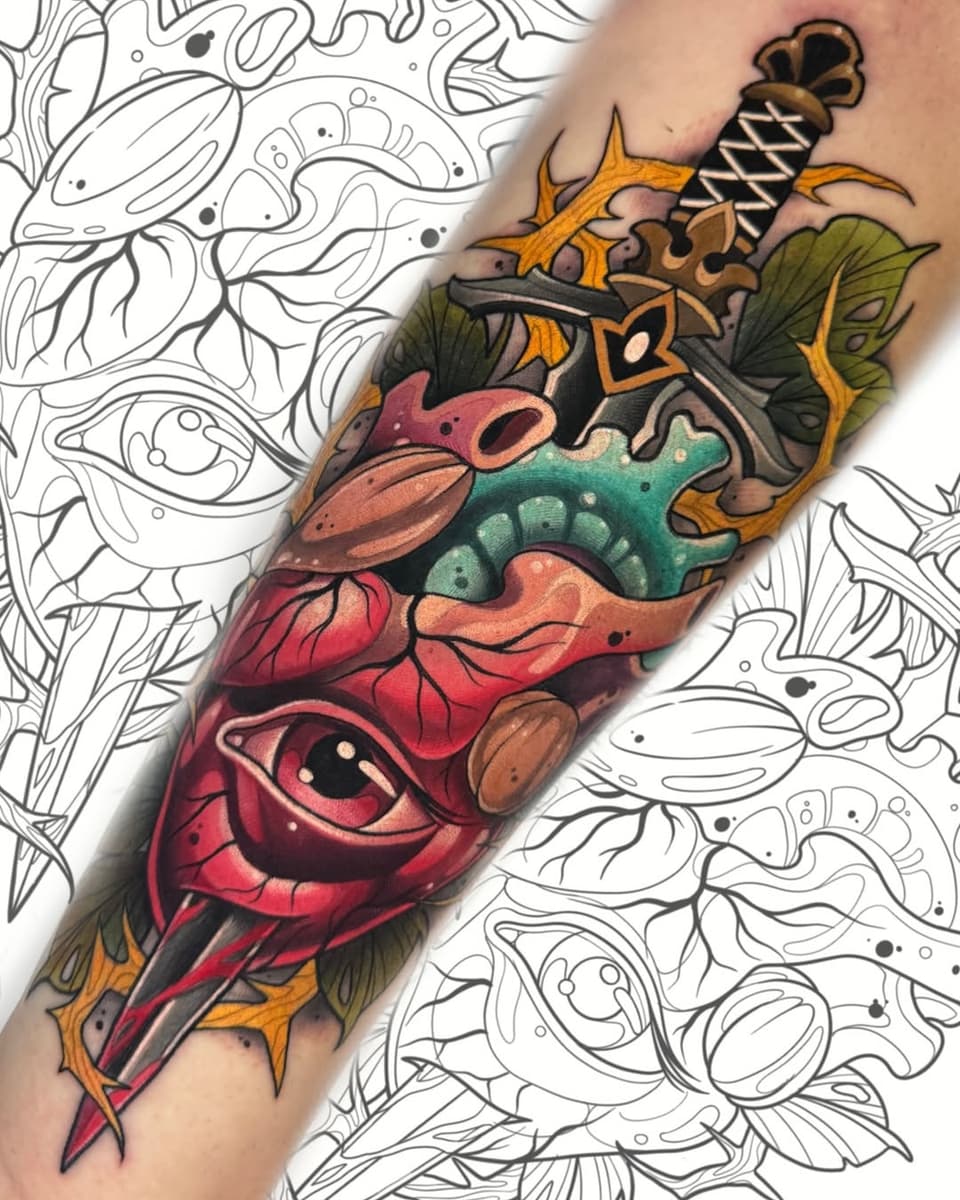 Colorful dagger tattoo on forearm featuring a red dragon head with green scales, golden crossguard, and wrapped handle against decorative background.