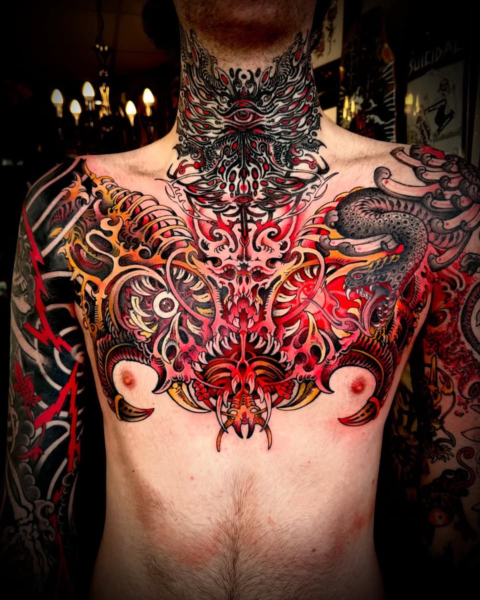 Elaborate red, black, and gold chest and neck tattoo featuring symmetrical ornamental designs with mythical creatures and intricate scrollwork.