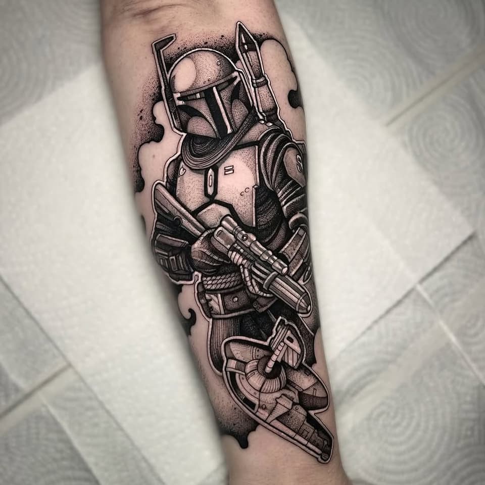Detailed monochrome tattoo of an armored soldier holding weapons on the forearm, featuring intricate shading and layered composition.