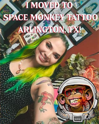 Woman with neon green and yellow hair displaying colorful arm tattoos including flowers and designs in a tattoo studio portfolio announcement.