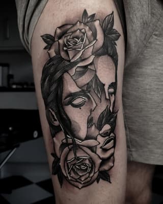 Tattoo on thigh featuring an abstract face with closed eyes, long hair, and roses integrated into the design in black ink on skin.
