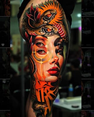 Colorful arm tattoo featuring a woman's face with red eyes, orange and black decorative elements, and a dragon with flame-like spikes positioned above her head.