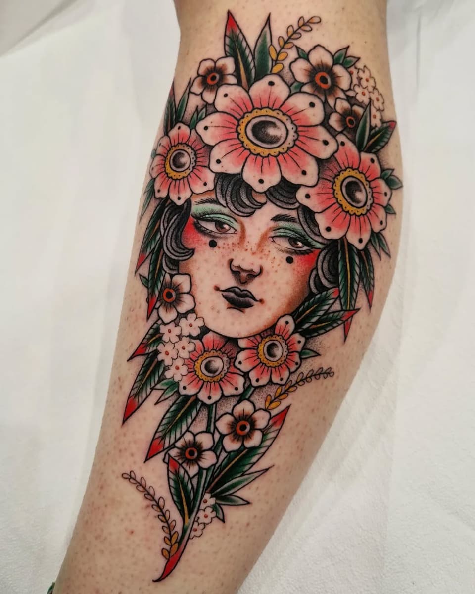Female face surrounded by pink and red flowers with green leaves and yellow centers on an upper arm, rendered in red, black, green, and skin tones.