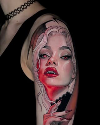 Detailed portrait tattoo on upper arm featuring a woman with wavy blonde hair, red eyes, and bold red lips with dramatic shading in red and black ink.