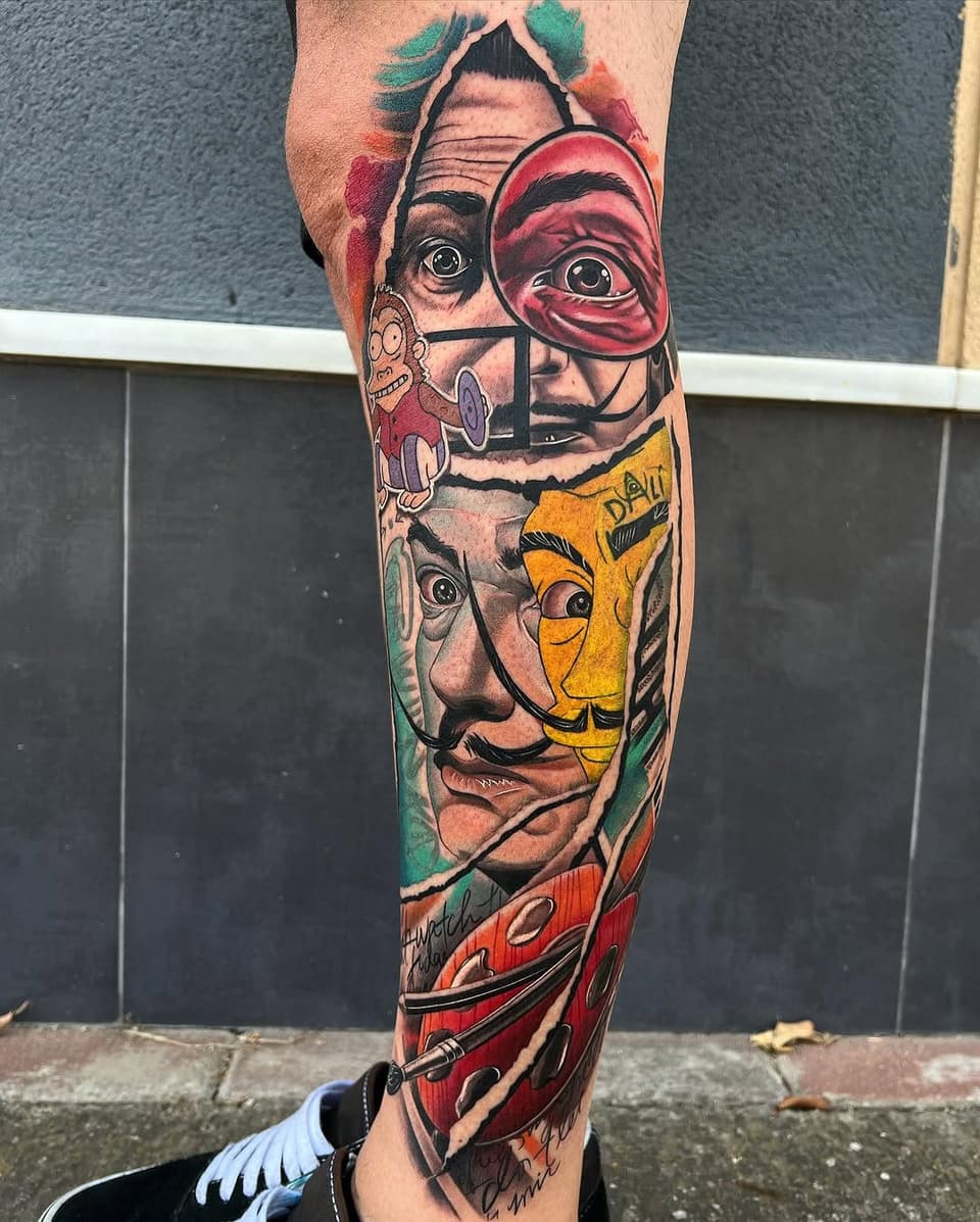 Colorful leg sleeve tattoo featuring stacked surreal faces with masks and artistic elements in red, yellow, green, and black ink.