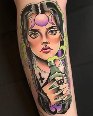 Colorful leg tattoo featuring a woman with braided hair, moon phase forehead design, holding a potion bottle, with purple and green accents.