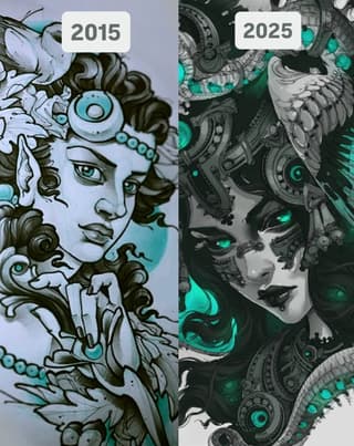 Side-by-side portfolio comparison showing an ornate face with curled hair and mechanical elements, featuring cyan and teal accents in 2015 versus an evolved darker version with intricate biomechanical details in 2025.