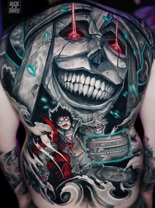 Large-scale skull with glowing red eyes and cyan accents, featuring a small female figure in red below, displayed on upper back/shoulder area.