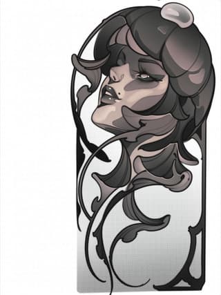 Vertical portrait tattoo design featuring a woman with voluminous hair and facial features rendered in grayscale with white highlights and black linework.