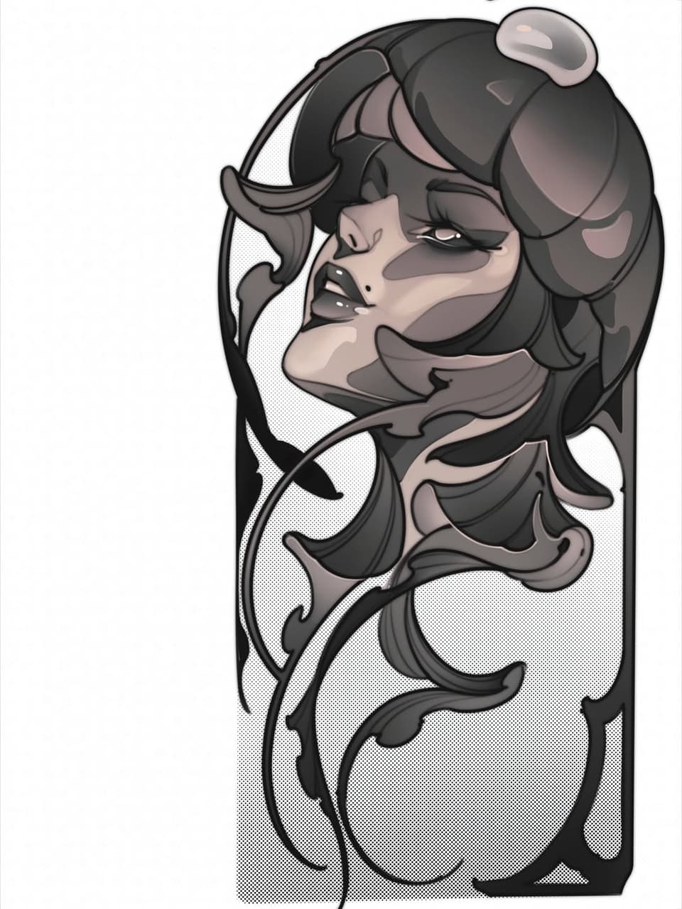 Vertical portrait tattoo design featuring a woman with voluminous hair and facial features rendered in grayscale with white highlights and black linework.
